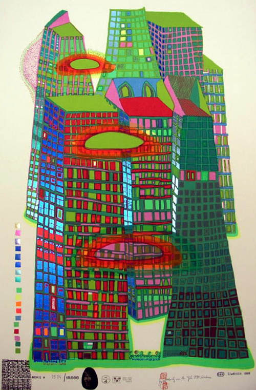 Hundertwasser - Good Morning City - Bleeding Town - series H - 1969 color screenprint